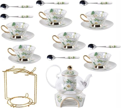 Europese Bloementheeset - Theeservies Koffieset - Genieten van Thee - Verwarmde Glazen Theepot - 21 stuks - Cameliabloesempatroon