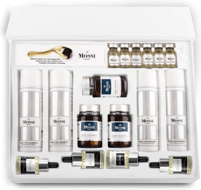 The Mossi London 6 Maanden Kit – Complete Haarverzorgingsset 18-delig – Verzorging bij Haaruitval & na Haartransplantatie – Shampoo, Serums, Haarolie, Haarvitamines & Dermaroller