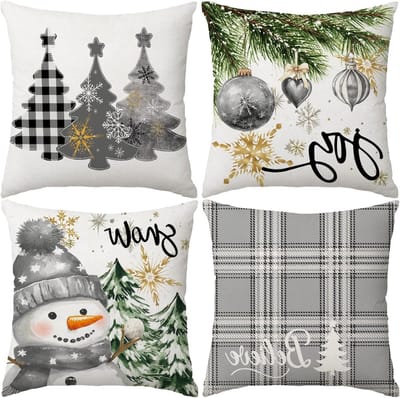 Decoratieve Kussenhoezen voor de Kerst - Set van 4, 50 x 50 cm, met Boerderijboom, Buffalo Plaid en Sneeuwman Motief voor de Bank in Grijs