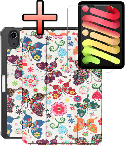 Hoes - Geschikt voor Apple iPad Mini 7 (2024) - 8.3 inch - 7e Generatie - Met Screenprotector - Trifold Bookcase - Hard Cover Case - Met Uitsparing Geschikt voor Apple Pencil - Hardcover Book - Tablet Hoesje - Vlinders
