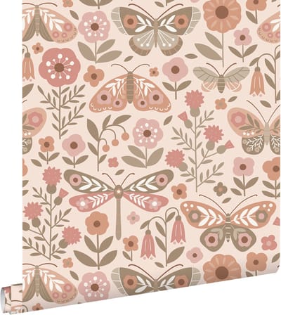 ESTAhome behang bloemen & vlinders beige, groen en oudroze - 50 x 900 cm - 131886