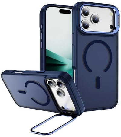 Hoesje Geschikt voor Apple iPhone 17 Pro Max - Compatibel met MagSafe & Qi2 - Back Cover met Standaard - Camera Kickstand - Blauw