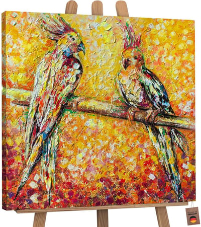 Canvas schilderij vierkant handgeschilderd zonnige papegaaien vogels tropisch – YS-Art Gallery – Vrolijke wanddecoratie voor woonkamer – Uniek schilderij voor hal en kantoor