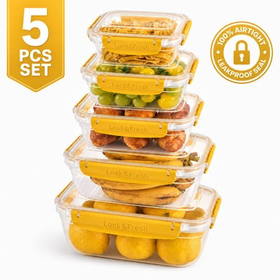 Soft Chef Lock & Fresh Vershoudbakjes Set – 5-delig – Rechthoekige Bewaardozen met Siliconen Seal – Luchtdicht & Lekvrij – BPA-vrij – Geel