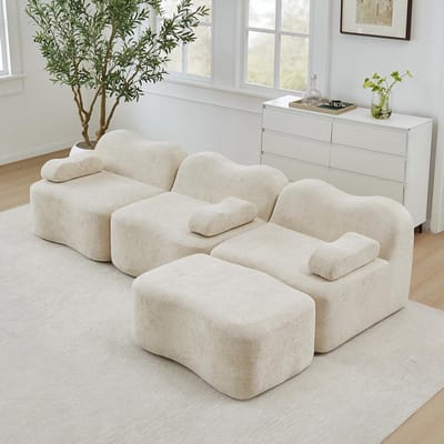 BLACKCOLORS Modulaire L-vormige 3-zits hoekbank met 1 chaise longue, 32D-schuim met hoge dichtheid, golvende vorm, diepe zitting, afneembaar armleuningkussen, voor de woonkamer, Beige