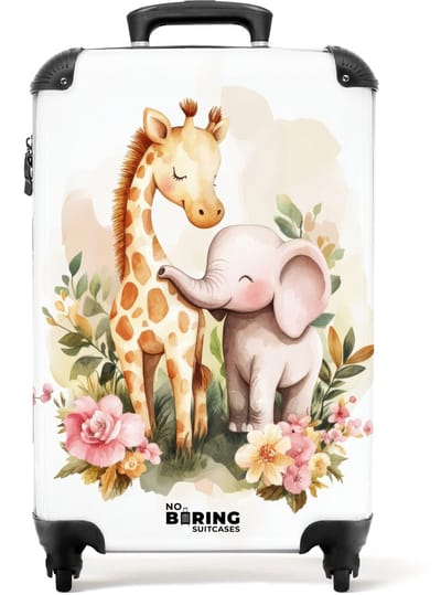 NoBoringSuitcases.com® - Kinderkoffer meisje - Kindertrolley meisjes - Giraffe en olifant tussen bloemen op witte achtergrond - Handbagage koffer lichtgewicht - Reiskoffer trolley kinderen - Rolkoffer met wieltjes - Past binnen 55x40x20 en 55x35x25