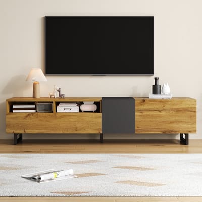 MODFU - TV-Meubel - 3 Deuren En 2 Open Vakken - Contrasterend Design - Spaanplaat - Donkergrijs En Naturel - 170 x 36,5 x 42 cm