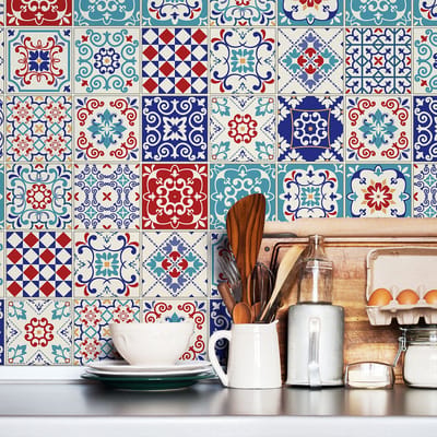Zelfklevende tegelmuurstickers voor keuken en badkamer - 60 cementtegelstickers, Azulejos Flavia - 60 stickers, 20x20cm