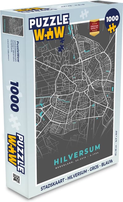 Puzzel Stadskaart - Hilversum - Grijs - Blauw - Legpuzzel - Puzzel 1000 stukjes volwassenen - Plattegrond