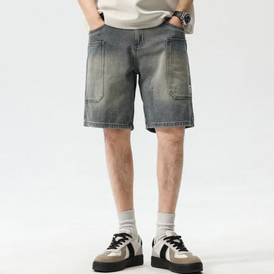 Shorts en Jean Américain d'Été Grande Poche Coupe Droite Ample Pantalon Découpé Pantalon Décontracté de Taille Moyenne 38 bleu