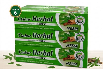 6 x Dabur Herbal Toothpaste with Neem (155g) - Ayurvedic Teeth Care - Natural Herbal-Toothpaste for Gums and Fresh Breath - Duopack With Kajal Sticker