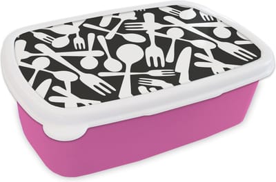 Broodtrommel Roze - Lunchbox - Brooddoos - Bestek - Patronen - Zwart Wit - 18x12x6 cm - Kinderen - Meisje