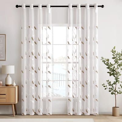 Dailygoods- Voile Gordijn Transparant Bladeren Patroon - Set van 2 - H 225 x B 140 cm - Modern Raamgordijnen - Borduurwerk - Oogjes