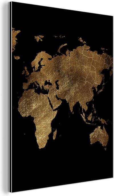 Aluminium schilderij 90x120 cm - Wanddecoratie metaal - Wereldkaart - Goud - Luxe - Aarde - Zwart - Metalen muurdecoratie woonkamer - Decoratie industrieel - Foto op dibond - Industriële accessoires slaapkamer
