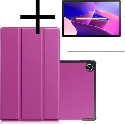Hoes - Geschikt voor Lenovo Tab M10 Plus (3e / 3rd Generatie) - Met Screenprotector - Trifold Bookcase - Hard Cover - Hardcover Book Case - Tablet Hoesje - Paars