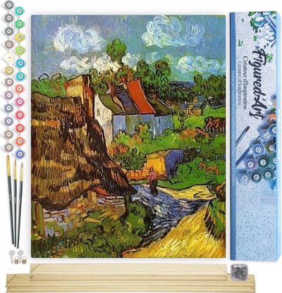 Figured'Art Schilderen op Nummer Volwassenen canvas Van Goghhuizen in Auvers - Handwerk acrylverf Kit DIY Compleet - 40x50cm met DIY houten lijst