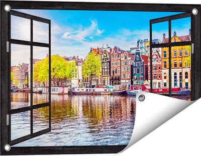 Gards Tuinposter Doorkijk Amsterdamse Huisjes aan het Water - 60x40 cm - Tuindoek - Tuindecoratie - Wanddecoratie buiten - Tuinschilderij