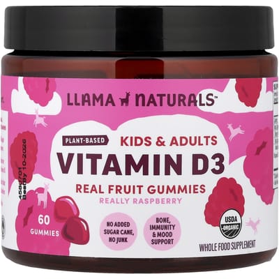 Llama Naturals, Enfants & Adultes, Vitamine D3 d'origine végétale, Gommes naturelles aux fruits, Saveur framboise, 60 gommes