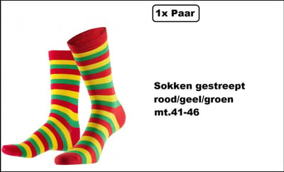 Sokken rood/geel/groen streepjes mt. 41-46 - Themafeest party carnaval festival thema feest optocht
