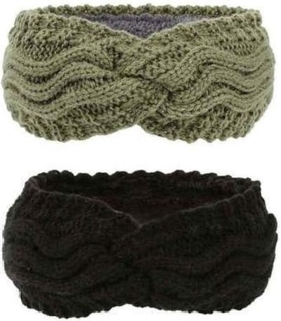 2 stuks - Kabelgebreide Dames Oorwarmers - Groen en Zwart - Fleece