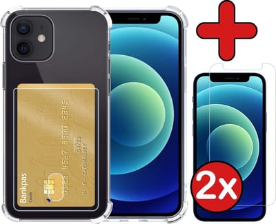 Hoesje - Geschikt voor Apple iPhone 12 Mini - Met 2x Screenprotector - Pashouder - Kaarthouder - Back Cover - Telefoon Hoes Shockproof - Siliconen Case - Shock Proof - Pasjes Houder - Telefoonhoes - Transparant