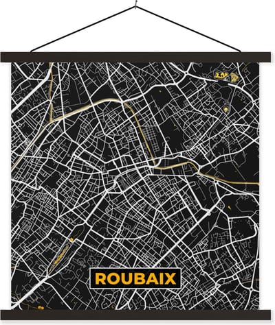 Posterhanger incl. Poster 60x60 cm - Schoolplaat - Roubaix - Kaart – Plattegrond – Frankrijk – Stadskaart - Textielposter - Zwarte latten - Stadskaart