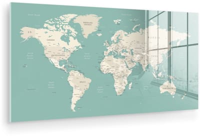 ® Glasschilderij 80x40 cm - Schilderij acrylglas - Wereldkaart - Blauw - Atlas - Foto op glas - Muurdecoratie woonkamer - Wanddecoratie slaapkamer - Schilderijen