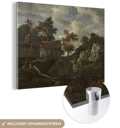 ® Glasschilderij 160x120 cm - Schilderij acrylglas - Rotsachtig landschap - Schilderij van Jacob van Ruisdael - Foto op glas - Muurdecoratie woonkamer - Wanddecoratie slaapkamer - Schilderijen