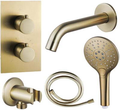 FugaFlow Eccelente Acces Badkraan set - uitloop - 22cm inkortbaar - gladde slang - ronde handdouche - inbouwdeel - wandhouder - geborsteld messing