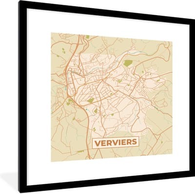 Fotolijst incl. Poster - Kaart - Plattegrond - Vintage - Stadskaart - Verviers - 40x40 cm - Posterlijst