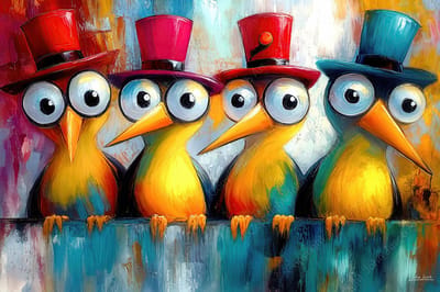 John Joseb Art (Aluminium) 120x80 | Gekke grappige vogels met hoed en bolle ogen op tak, artistiek, abstract, humor, kleurrijk, kunst, dier, vogel, portret, rood, geel, groen, blauw, modern | foto-schilderij op dibond, metaal wanddecoratie