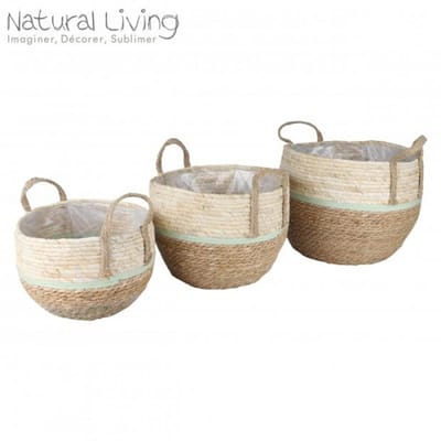 “NATURAL LIVING” – Set van 3 bloempotten van riet en maïstouw D27 / D31 / D35 cm