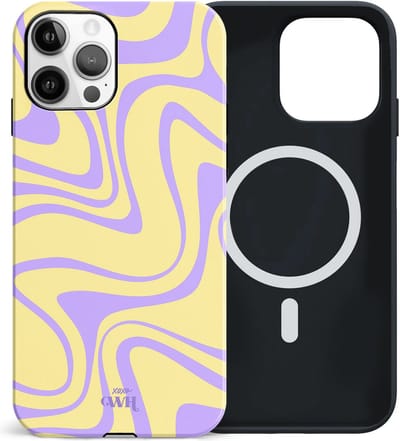 xoxo Wildhearts siliconen hoesje geschikt voor iPhone 12 Pro MagSafe hoesje - Sunny Side Up - Double Layer - Magnetisch telefoonhoesje - Magneet case - Backcover met dubbele beschermlaag - Golvenprint - Golvend patroon - golven - Geel / Paars