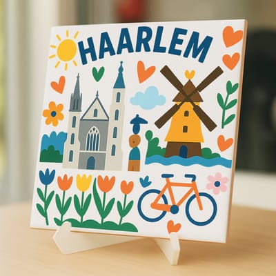 Tegeltje Haarlem - 15×15 cm – Keramiek – Decoratief Souvenir – Inclusief Transparante Houder / Ezel – Cadeau - Tegeltjes met tekst