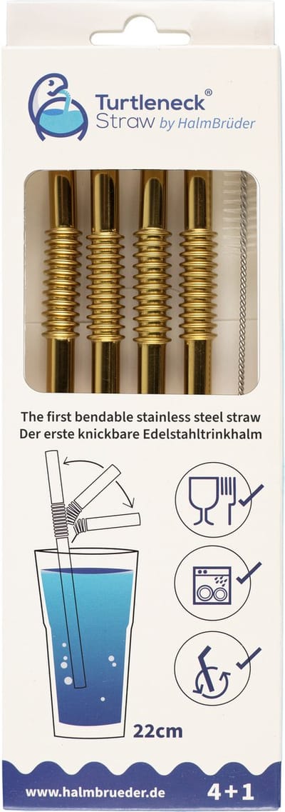 Turtleneck Herbruikbare rietjes van RVS - met borstel - Goud - Buigbaar - 4 Stuks