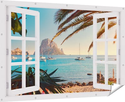 Gards Tuinposter Doorkijk Ibiza Cala d'Hort Strand - 180x120 cm - Tuindoek - Tuindecoratie - Wanddecoratie buiten - Tuinschilderij