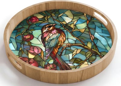 Dienblad rond 40x40 cm - Schootdienblad hout - Vogel - Tak - Rozen - Mozaïek - Borrelplank rechthoek - Plateau houten dienbladen