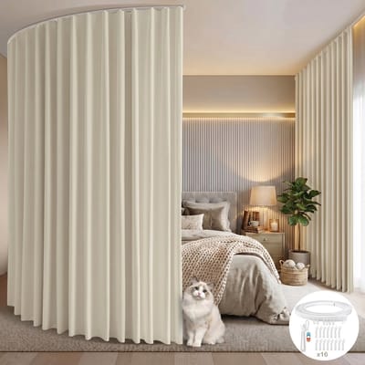 Qelus Gordijn Kant-en-Klaar – Groot Kamergordijn met Verduisterend en Geluidsdempend Stof, Scheidingsgordijn met Flexibel Buigbare Plafondrailsysteem - Thermogordijn Gordijnen - voor Slaapkamer, kantoor - Beige - 254x213cm