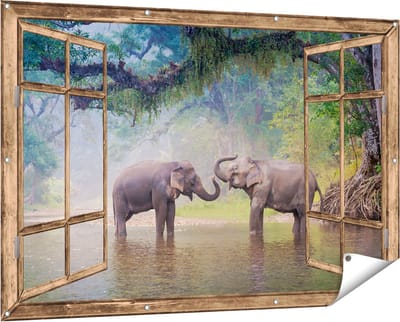 Gards Tuinposter Doorkijk Twee Olifanten in het Water - 150x100 cm - Tuindoek - Tuindecoratie - Wanddecoratie buiten - Tuinschilderij