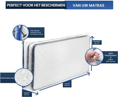 Beschermende Plastic Matras Bekleding matraszak 90 x 200 x 30 cm met ritssuliting, ondoorzichtig, extra scheurvast 120µ voor matrastransport, verhuizen, opbergen, opslag, vervoer, Opbergzak