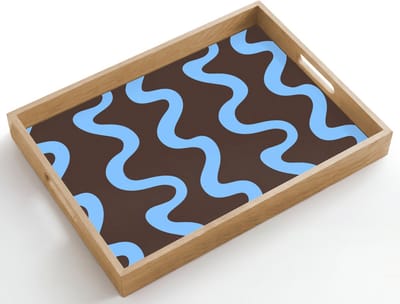 Dienblad hout 50x35 cm - Schootdienblad - Kronkelende lijnen - Blauw - Bruin - Minimalistisch - Borrelplank rechthoek - Plateau dienbladen
