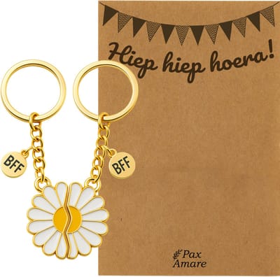 BFF Sleutelhanger voor 2 'Hiep Hiep Hoera' - Magnetische Bloem - Sleutelhanger set op Cadeau Kaartje - Goudkleurig - Verjaardags Hanger - Pax Amare