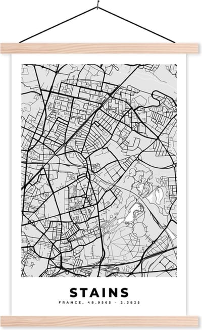 Posterhanger incl. Poster 40x60 cm - Schoolplaat - Frankrijk – Plattegrond – Kaart – Stains – Stadskaart - Textielposter - Blanke latten - Stadskaart