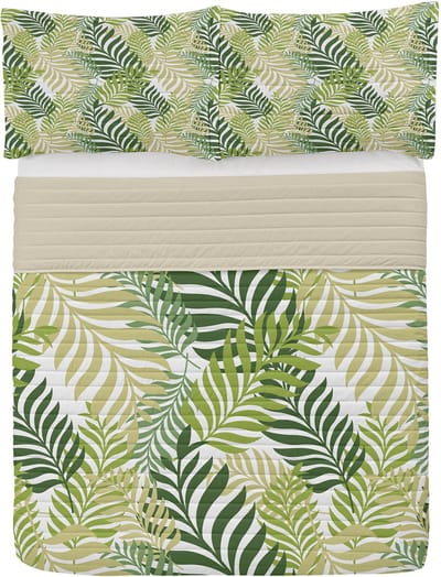 ABAKUHAUS Leaf Microfiber Bedspreiset, tropische exotische palmbomen, zacht beddengoed met kussenslopen en quilt, 220 cm x 220 cm, Green Ecru