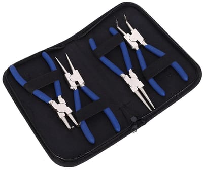Dailygoods- Circlip Tang Set - 4 Stuks - Rechte/gebogen Pliers - Met Ingebouwde Veer - Met Verzonken Handvatten - Geleverd in Zwarte Tas - Sprengringtang