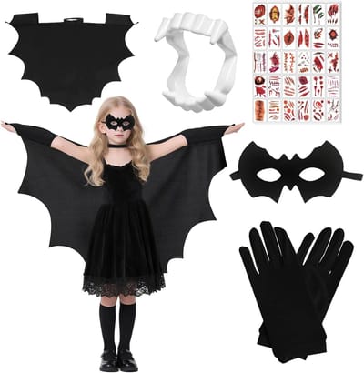 Halloween Cosplay Kostuum Set voor Kinderen met Vleermuiscape, Oogmasker, Handschoenen en Bloed Tattoos voor Jongens en Meisjes