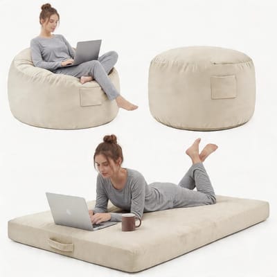 Grote 4-in-1 Omvormbare Zitzak & Loungebed - Met Traagschuim Vulling en Wasbare Hoes - Zacht Flanel - 112x112 cm - beige