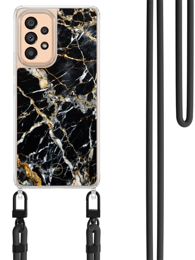 Hoesje met koord geschikt voor Samsung Galaxy A53 - Black marble elegance - Inclusief Zwart koord - Crossbody beschermhoes - Transparant, Zwart, Goud - Mooie Telefoonhoesjes