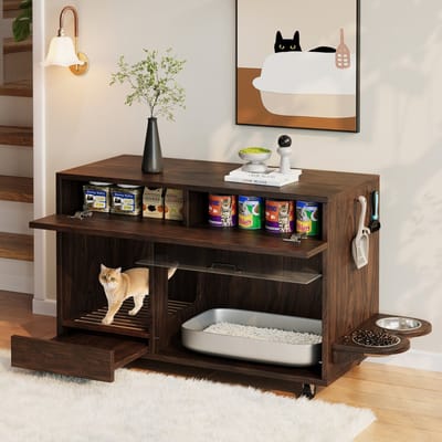 Pugsdrly Verrijdbare kast voor kattenbakvulling (kattenbakmeubel) – met kattenbakjes, kattenbak, geperforeerde plaat met gaten voor haken, zonder kattenbakvulling, 100 × 45,5 × 67 cm, kleur notenhout