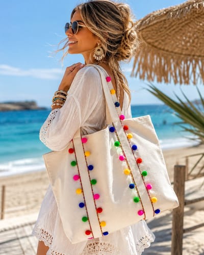ZoeZo Design - schoudertas - shopper - strandtas - Ibiza Boho - canvas - ecru met pompoms - 40 x 40 cm - tas